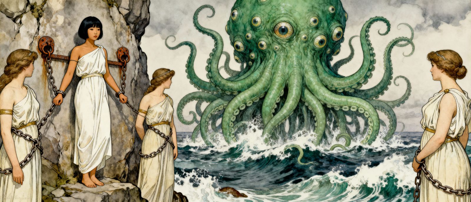 Korean Woman Chained to Cliff by Sea Monster in Rackham Styl...