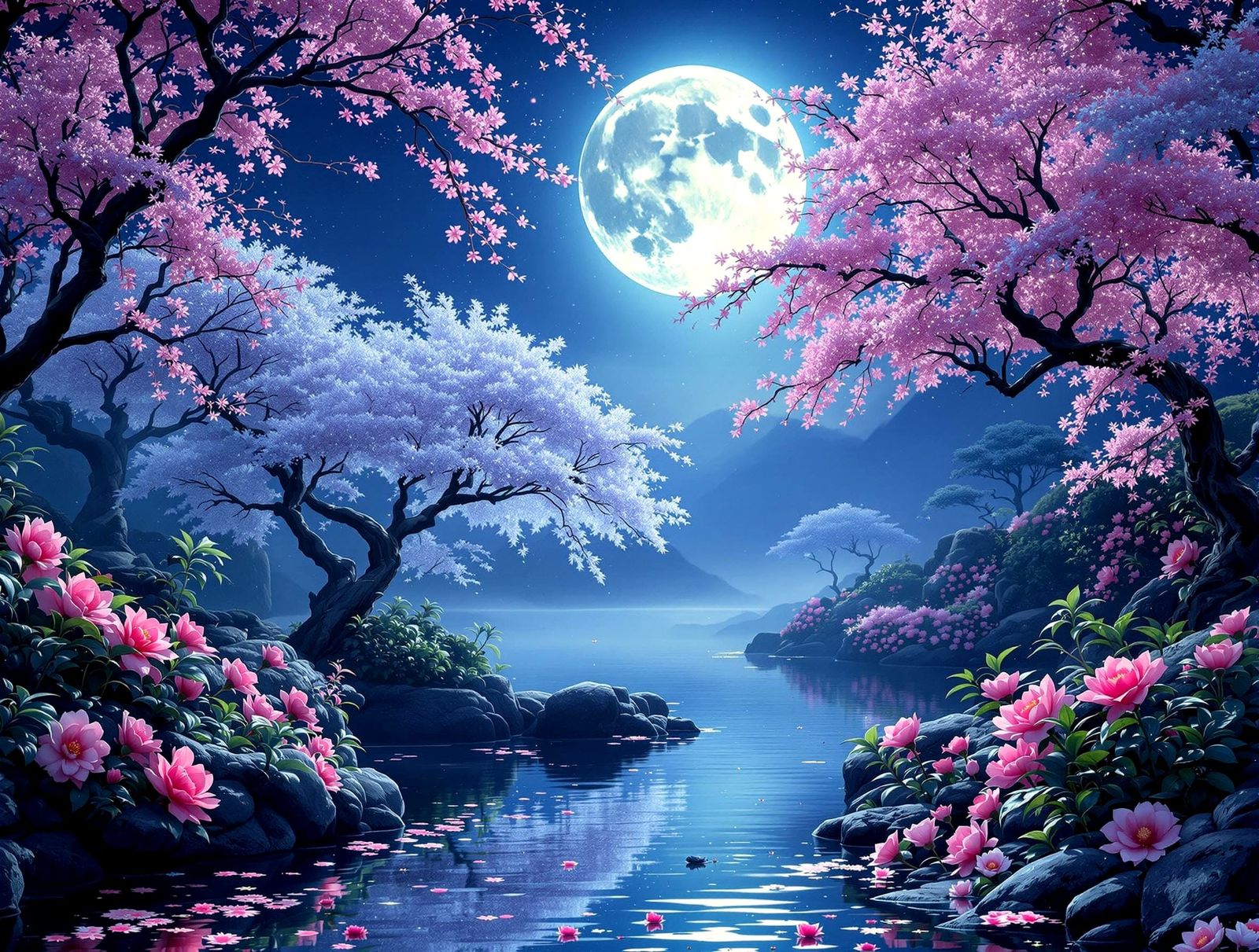 Moonlit Asian Garden in Dreamy Impasto Style