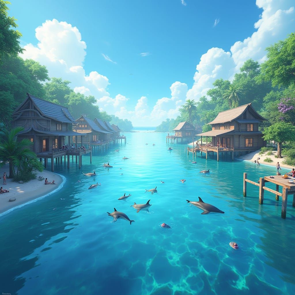 Vibrant Anime Village on Stilts in Crystal Water