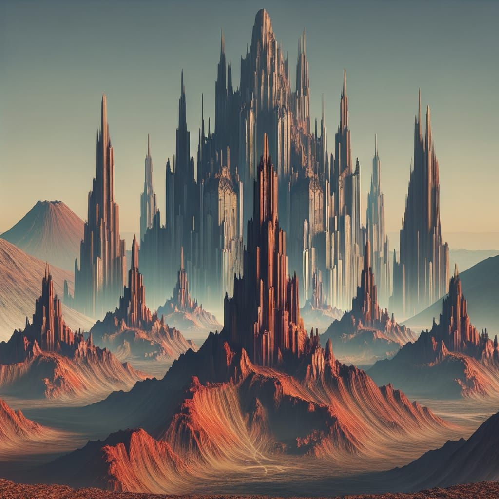 Otherworldly Red Sandstone Spires with Volcano