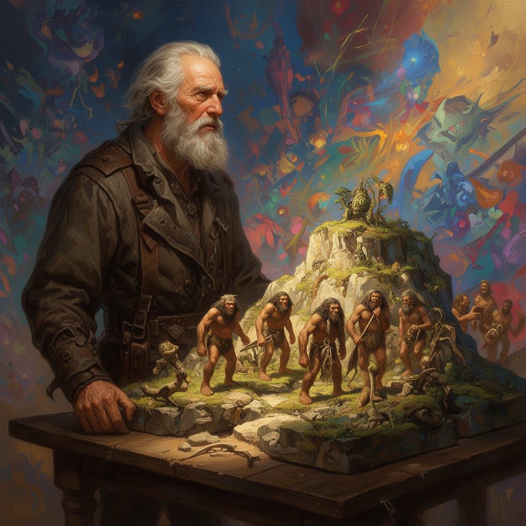 Old Man with Miniature Landscape and Cavemen