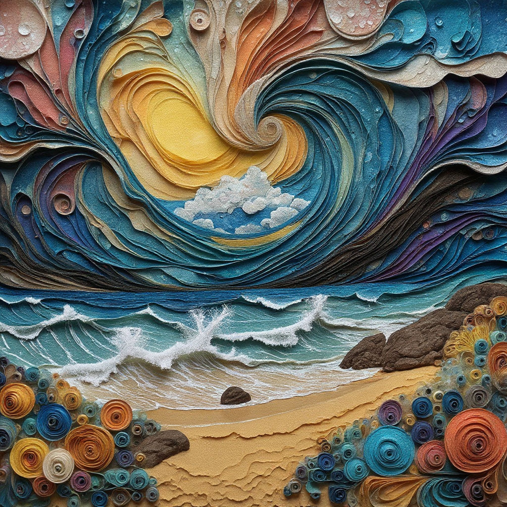 Stormy Beach Scene in Mixed Media Collage Style