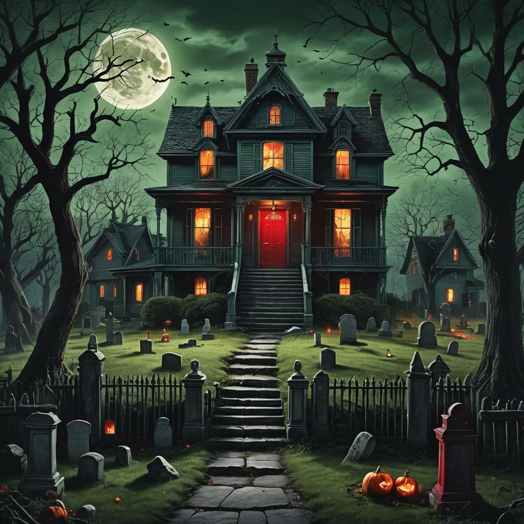 Haunted House with Ghosts on Halloween Night