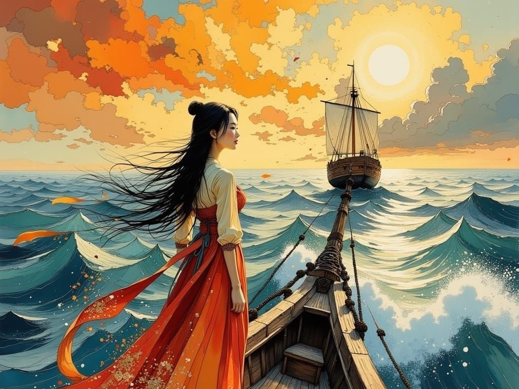 Ethereal Korean Beauty on a Stormy Seascape