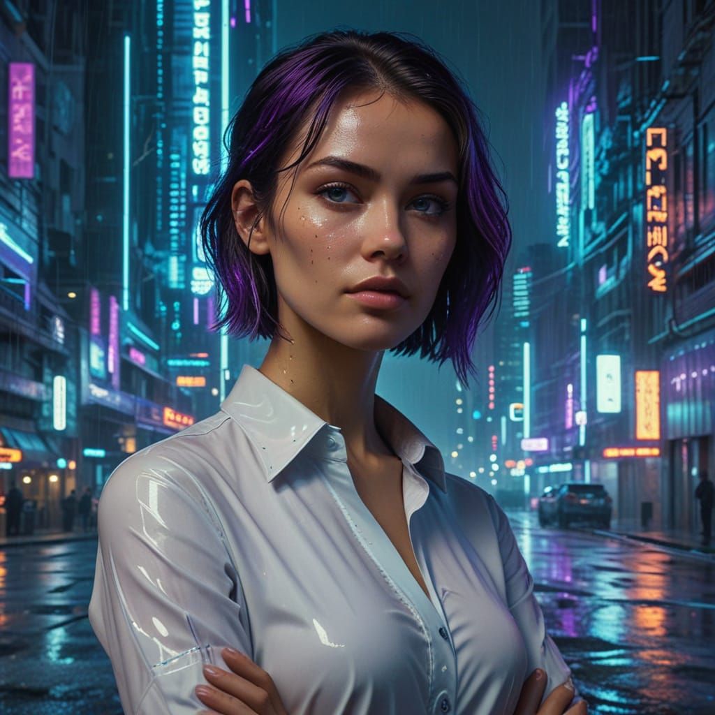 Confident CEO in Neon-Lit Futuristic Cityscape