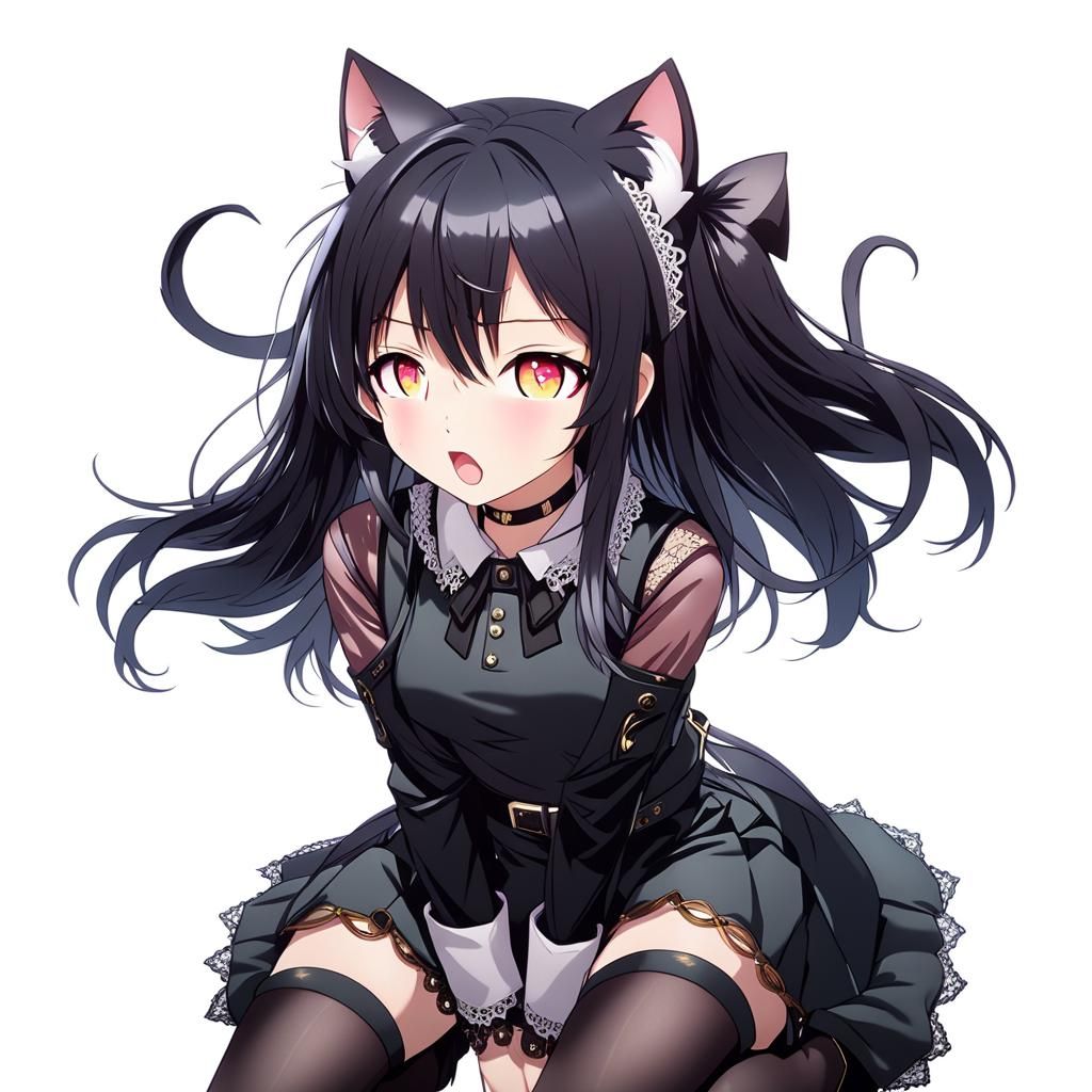 Anime Girl with Cat Ears Kneeling