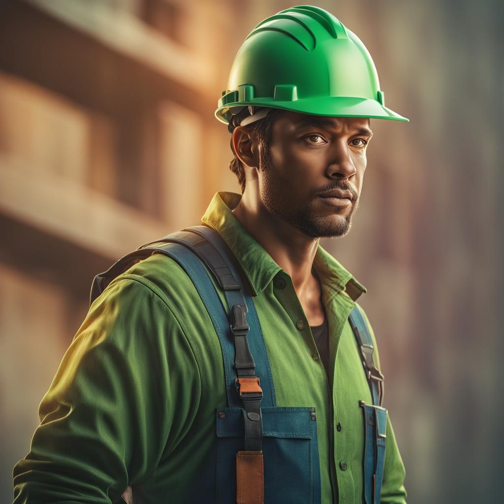 Hyperrealistic Construction Worker in Overalls Points Sidewa...