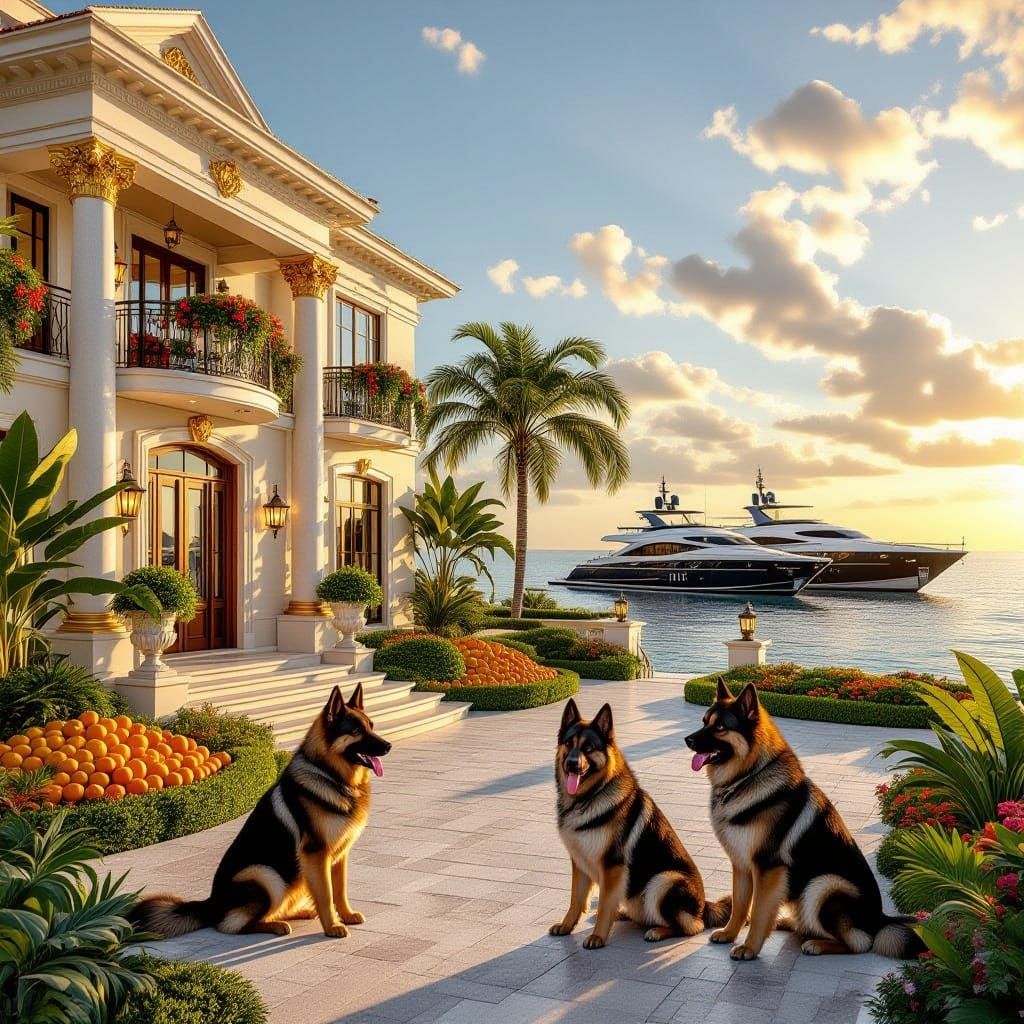 Luxurious Seaside Mansion with Gold Details and Guard Dogs