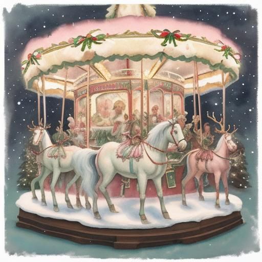 Pastel Christmas Carousel in Gouache Watercolor Style