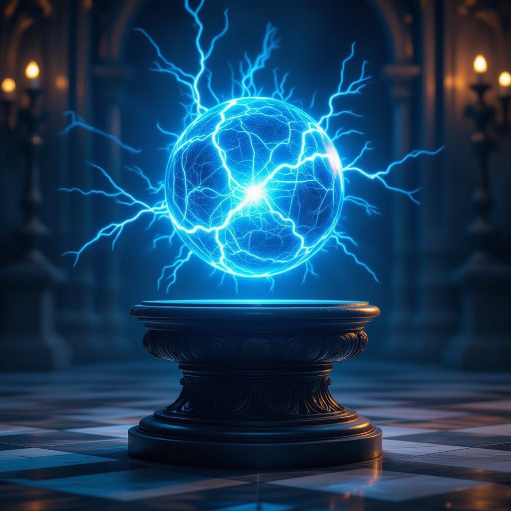 Electric Blue Ball Lightning Over Ornate Pedestal