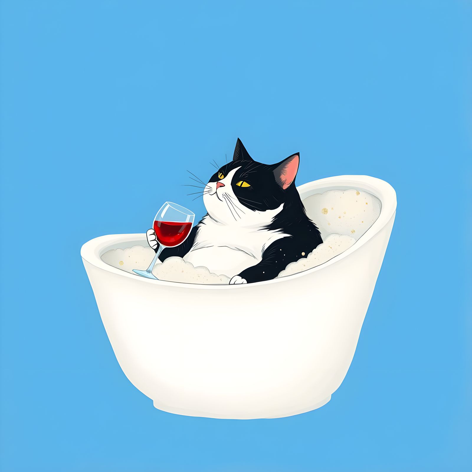 Cat Sipping Wine in Bubble Bath, Hand-Drawn Style