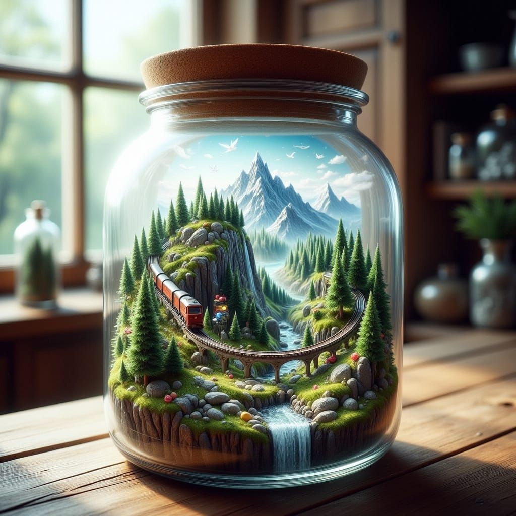 Miniature Mountain Landscape Inside a Glass Jar