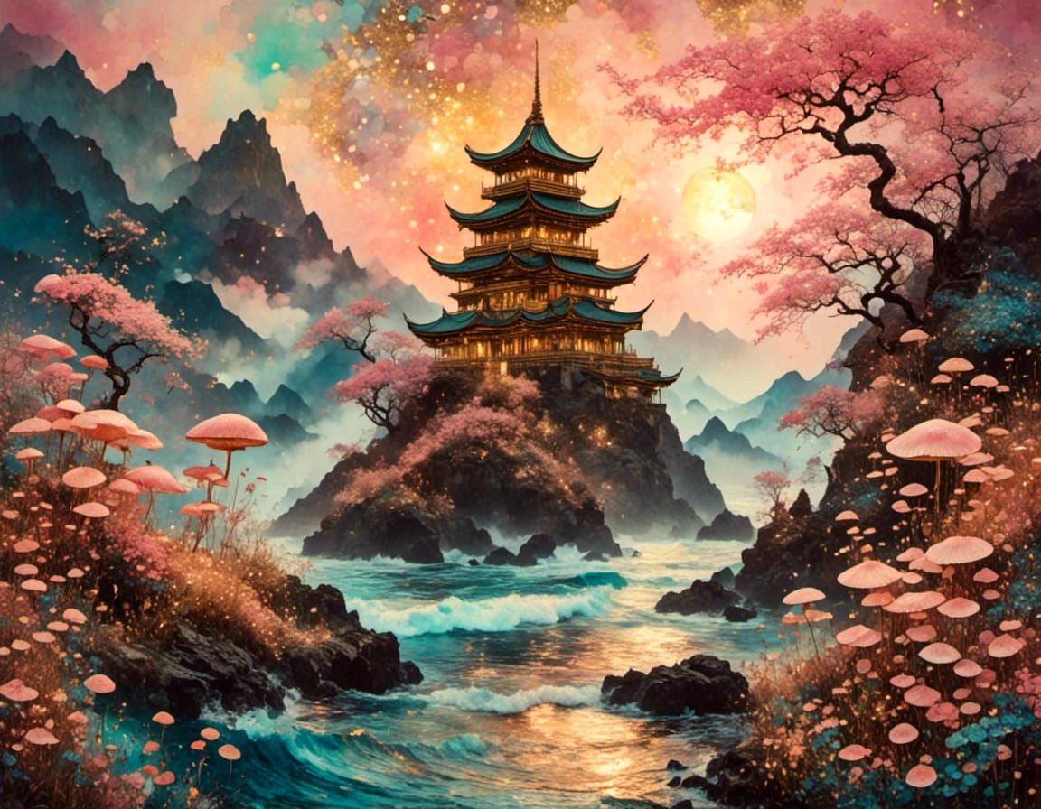 Ukiyo-e Flowerpunk Temple on Mountain Beach