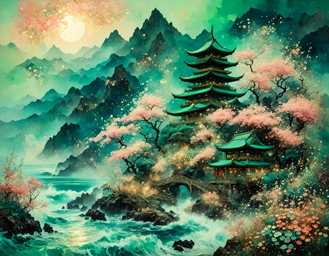 Ukiyo-e Mountain Beach Temple in Floral Punk Style