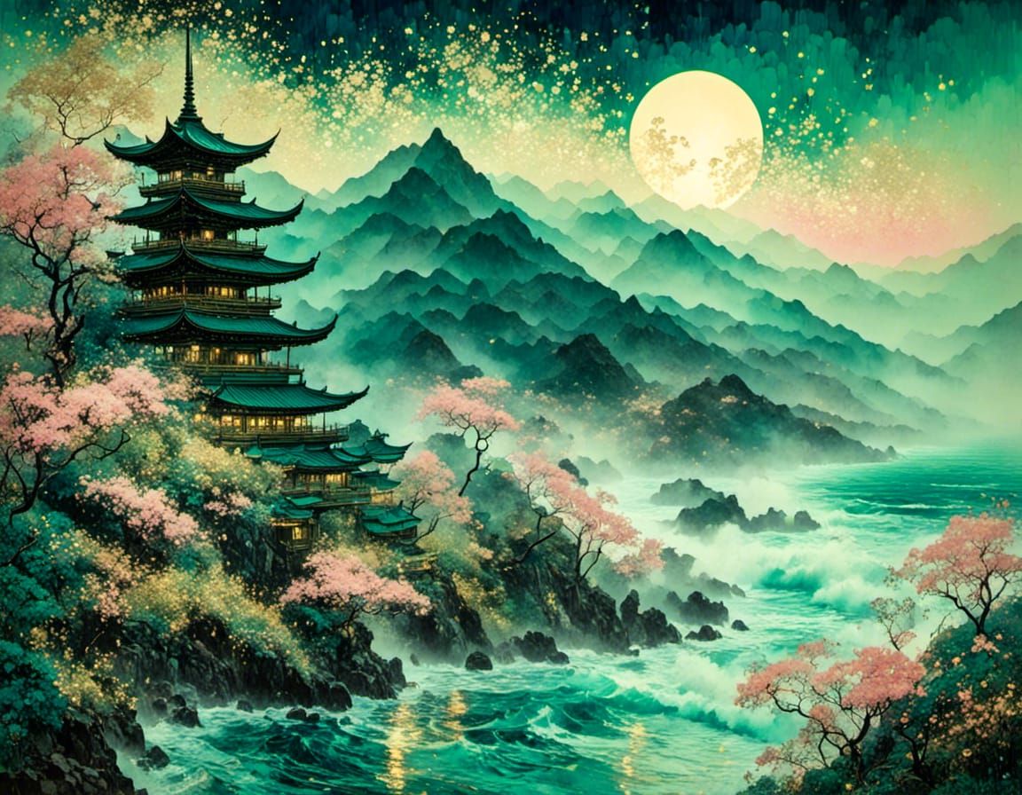 Ukiyo-e Floral Temple Amidst Mountainous Beach Scenery