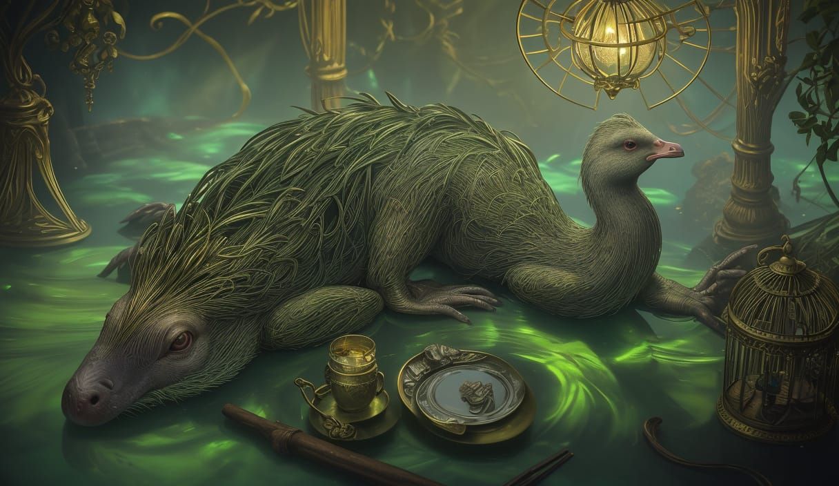 Hairless Mole Rat Creature in Gilded Birdcage