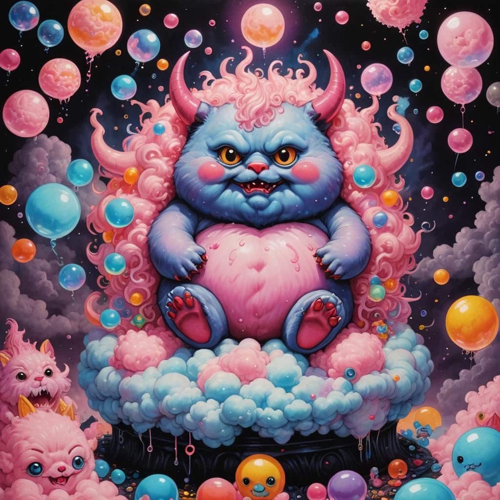 Cute Demonic Creature on Cloud Throne, Fantasy Art
