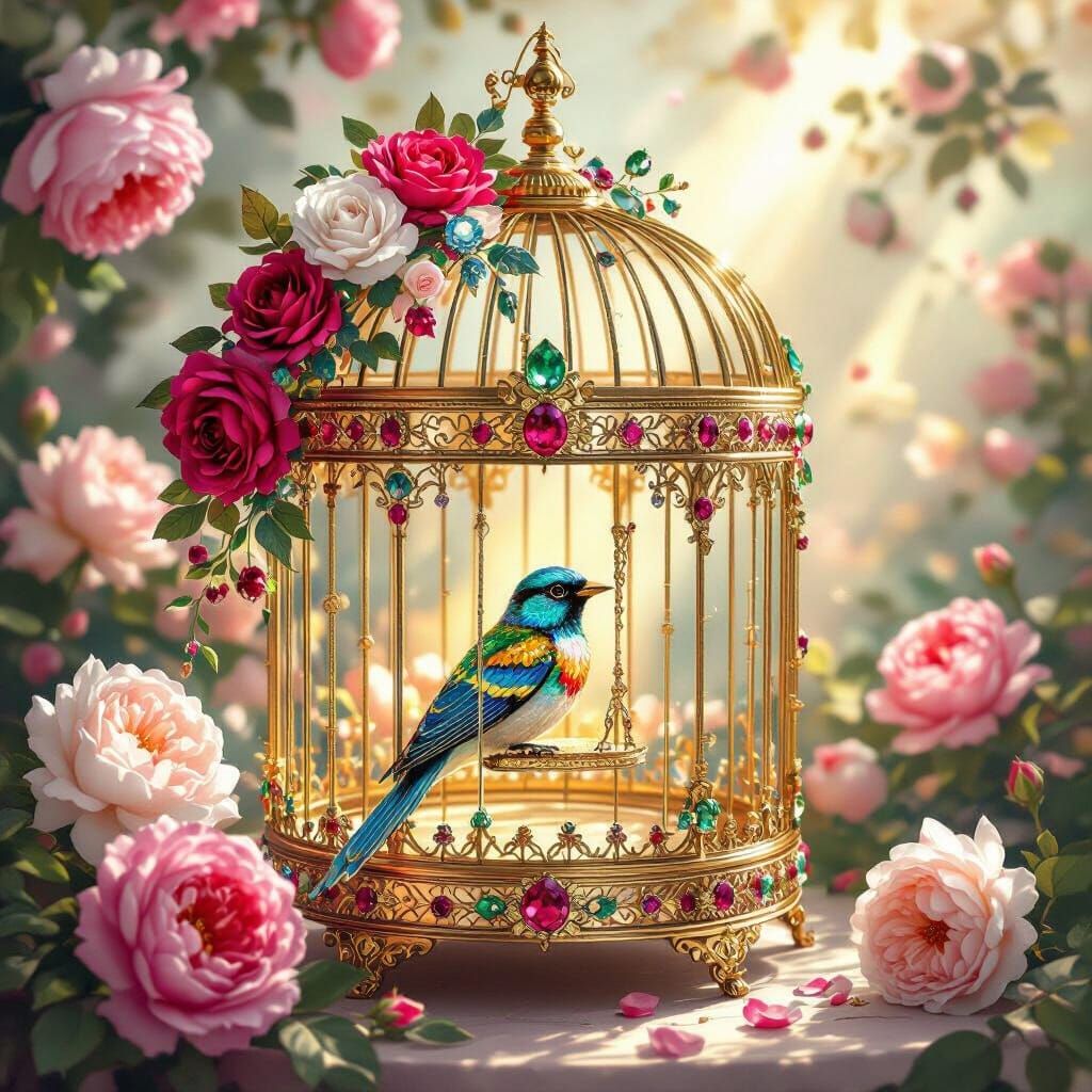 Ornate Victorian Birdcage with Gemstones and Roses
