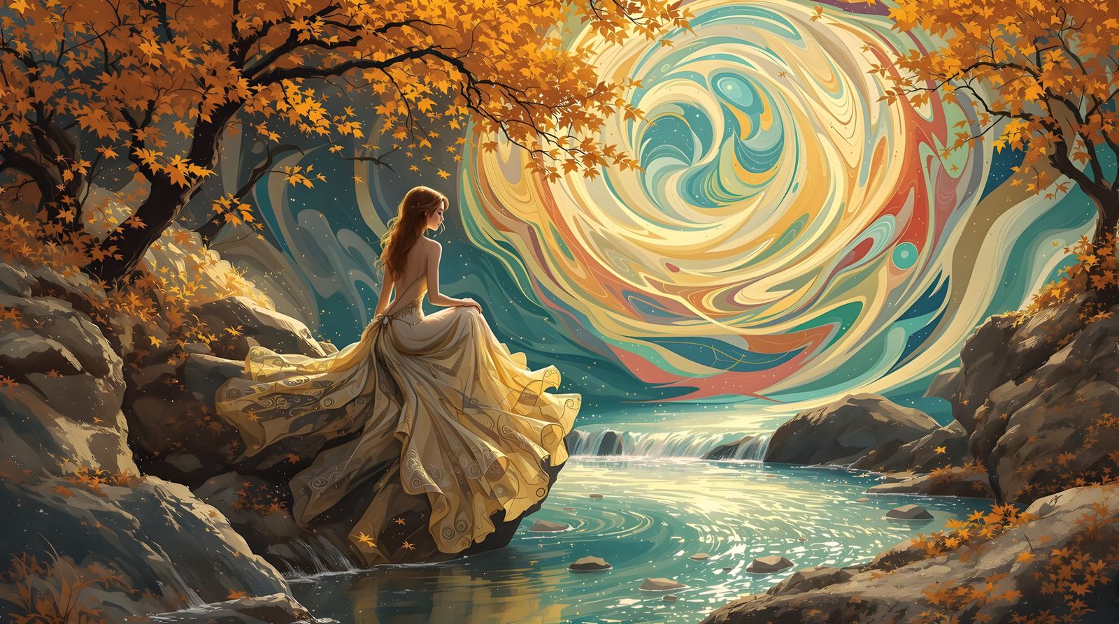 Art Nouveau Woman Seated by Serene Stream