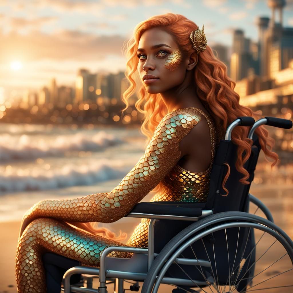 Mermaid in Wheelchair: Cinematic City Beach Scene