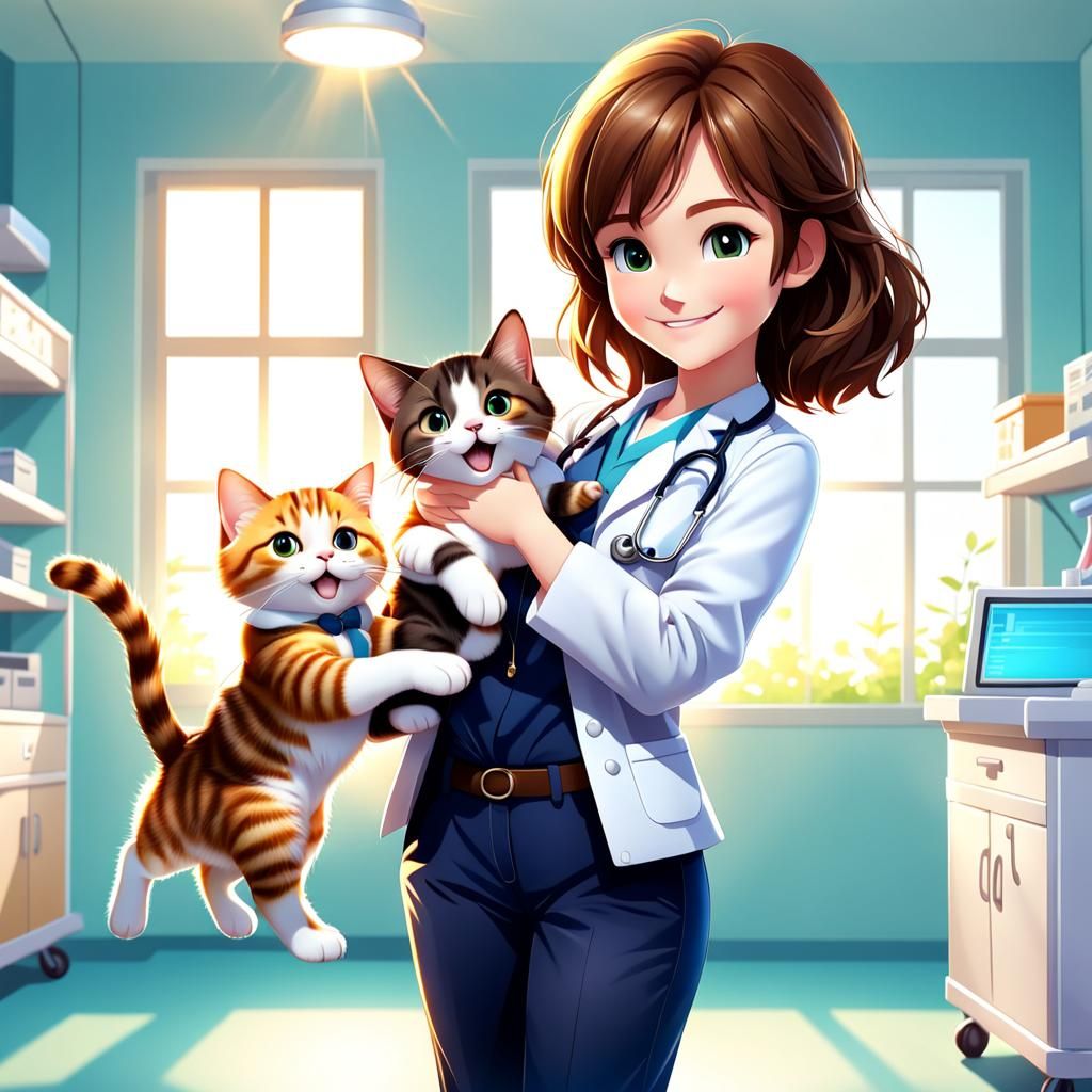 Anime Doctor with Cat in Cute Hospital