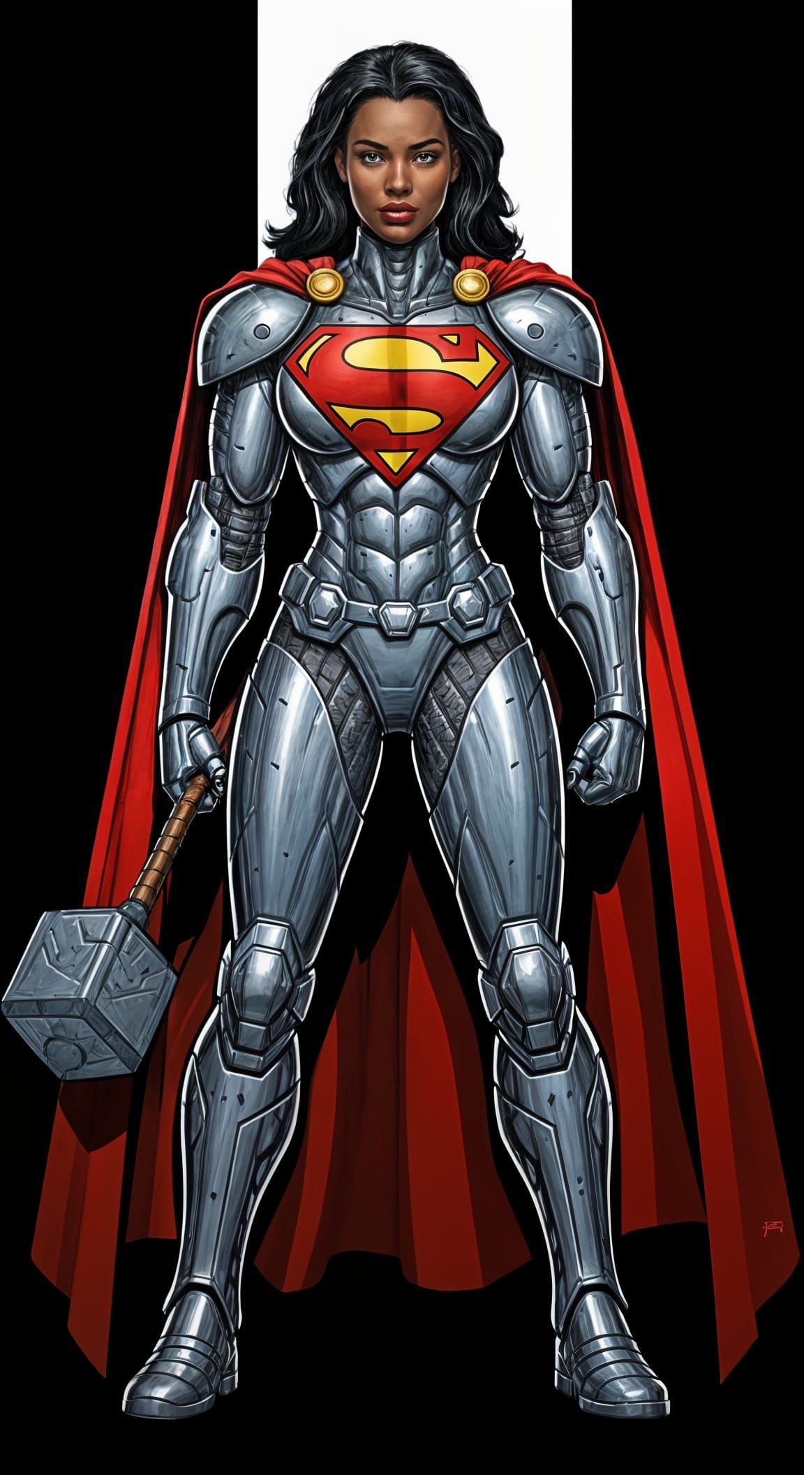 African American Woman in Riveted Power Armor with Red Cape