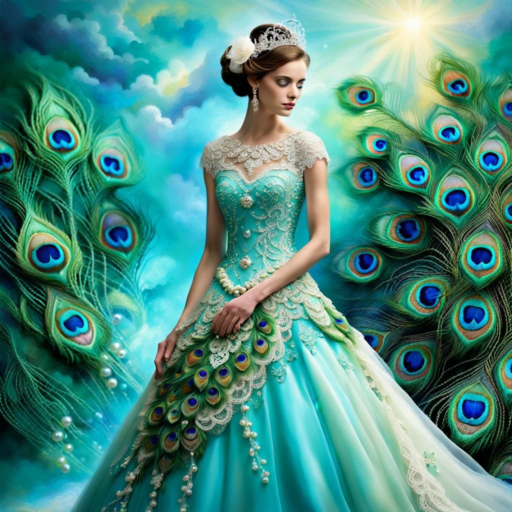 Luxurious Crochet Peacock Wedding Dress in Ethereal Style