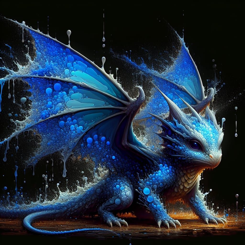 an adorable baby blue dragon with scales reminiscent of bluebells using its wings as a shield against the heavy rain. Th...