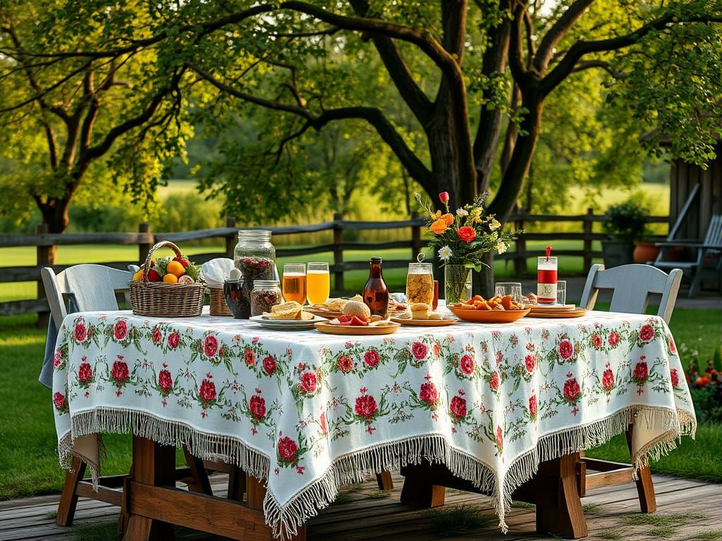 Victorian Outdoor Scene with Embroidered Tablecloth