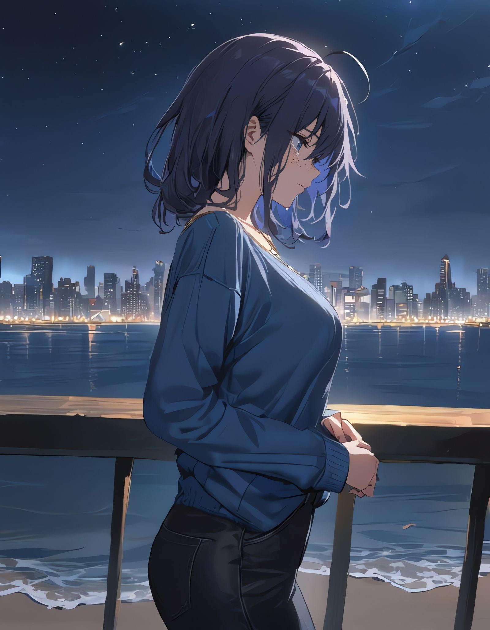 Girl Standing Alone Under Dark City Sky