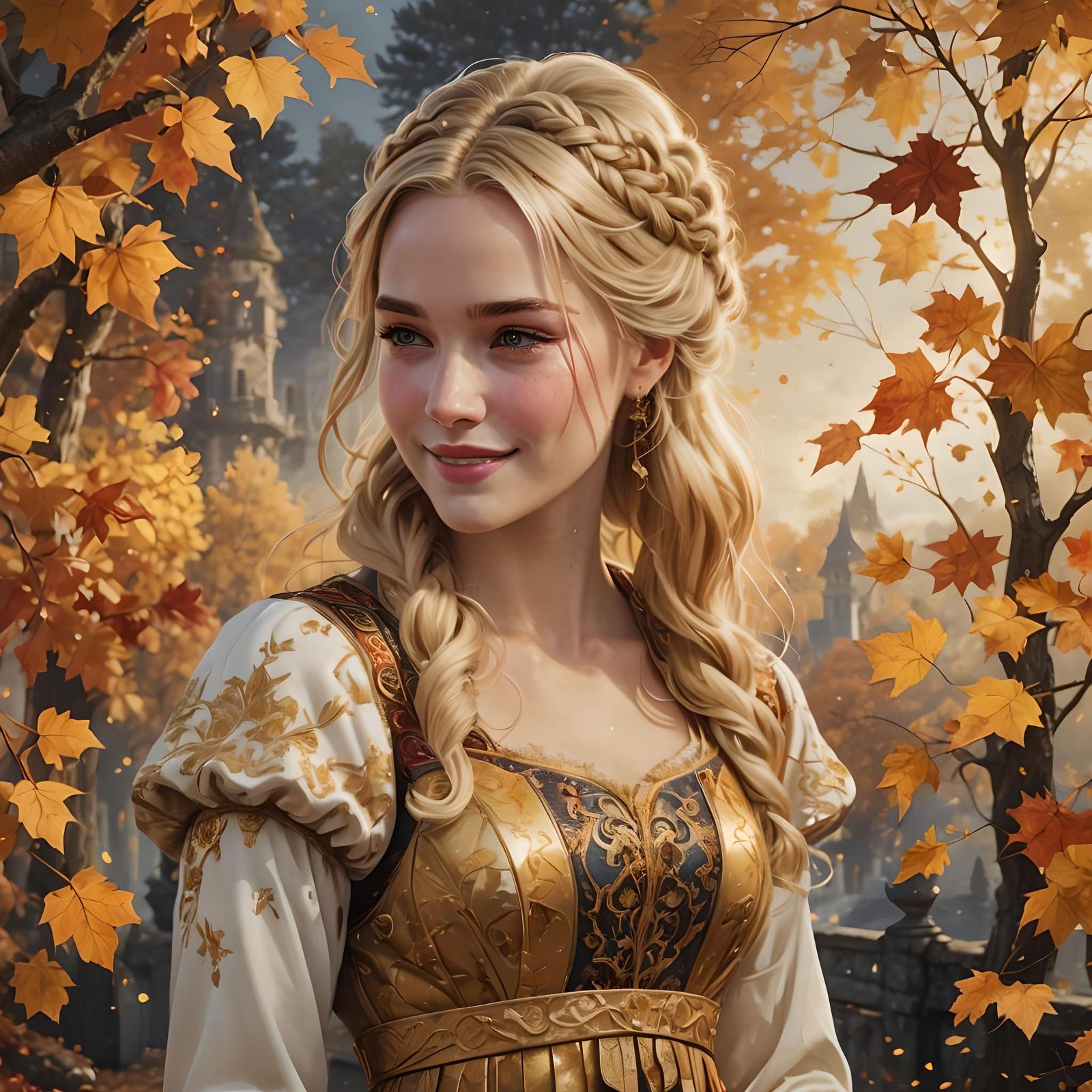 Watercolor Portrait of Smiling Woman in Autumn Dress