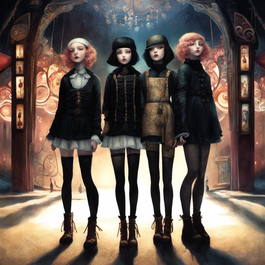 Dreamlike Carnival Scene with Four Girls
