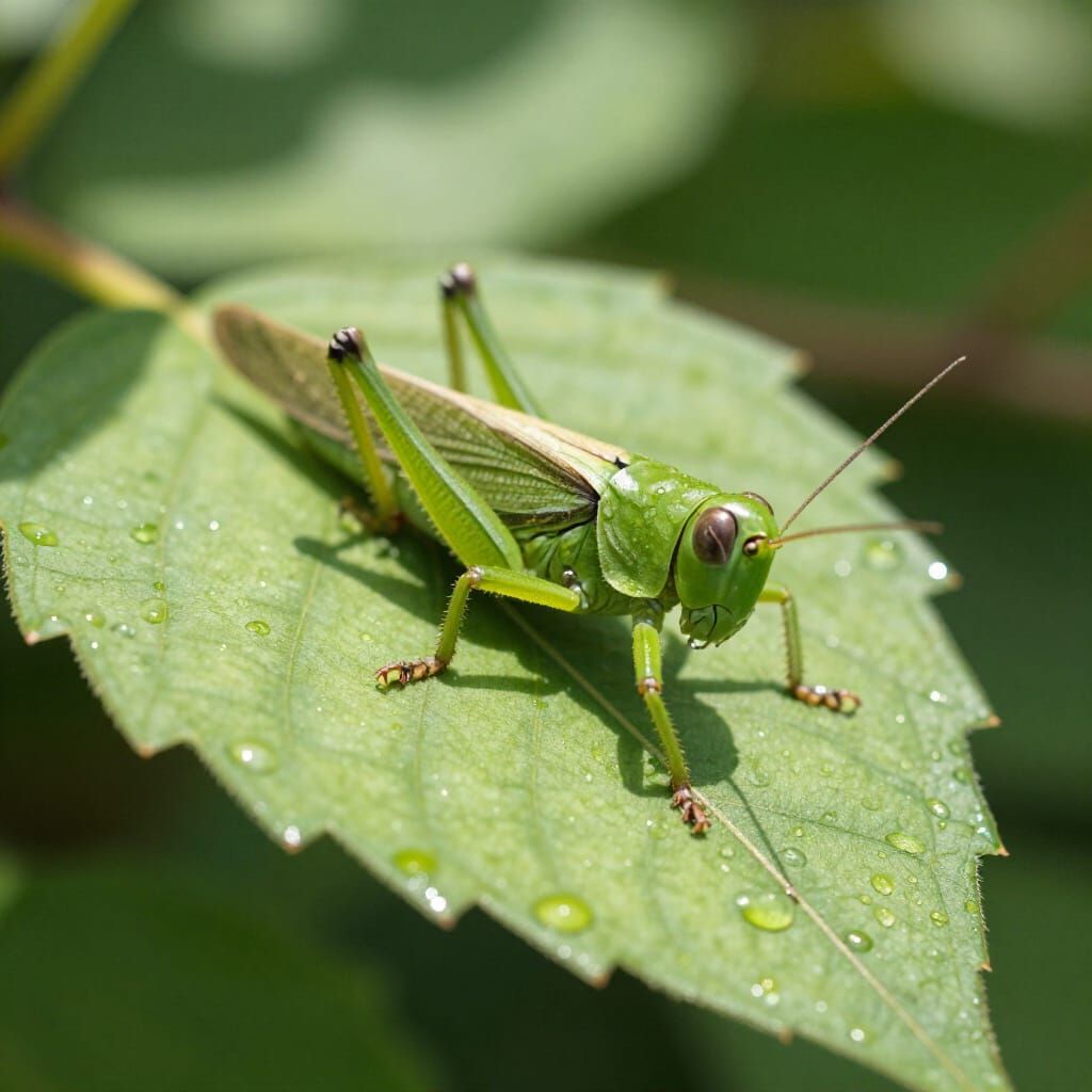 Macro Photo of Grasshopper on Dewy Leaf