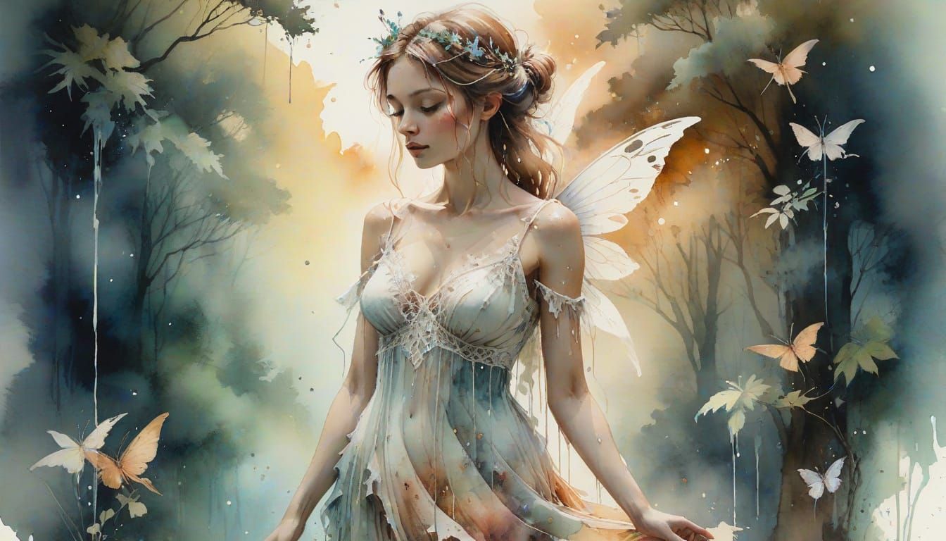 Ethereal Fairy in Watercolor Style by Fountain