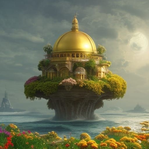 Futuristic Floating Golden Dome House in Digital Painting St...