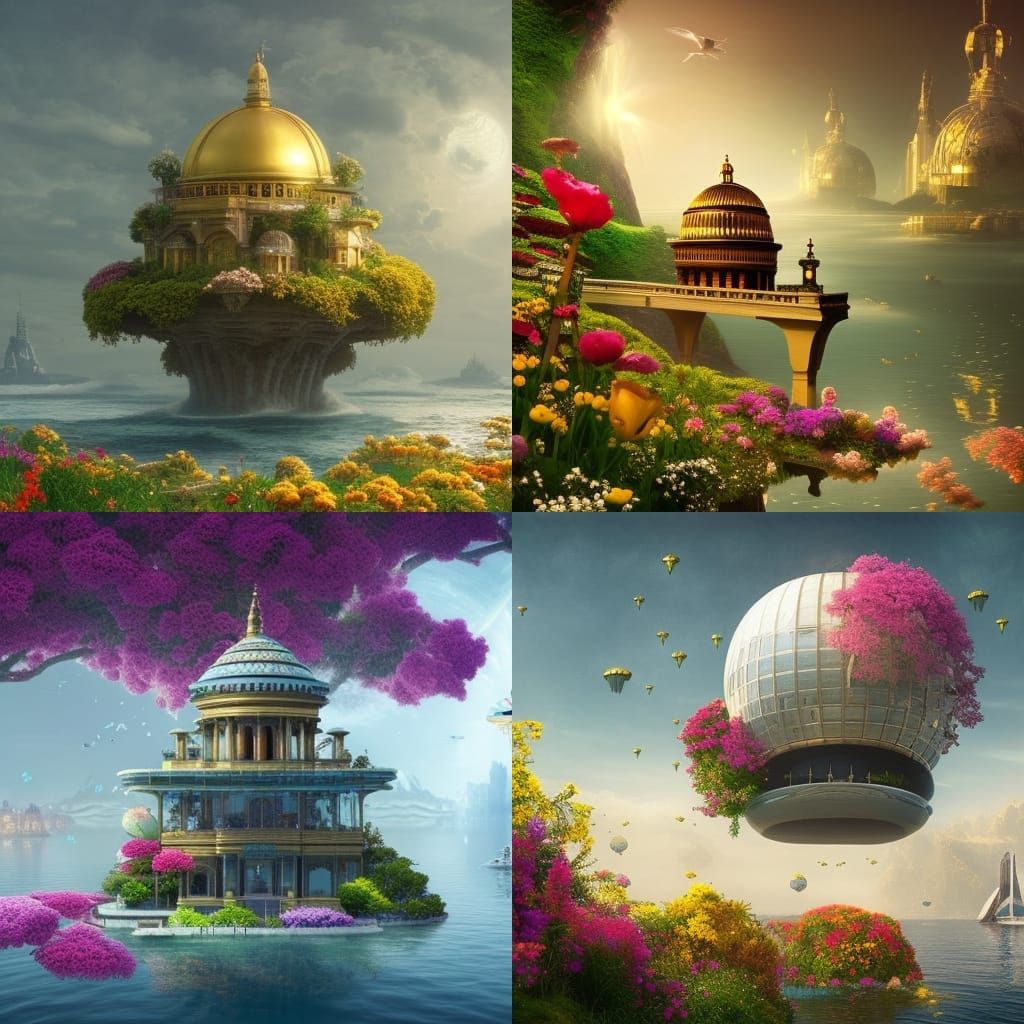 Futuristic Floating Golden Dome House, Digital Painting