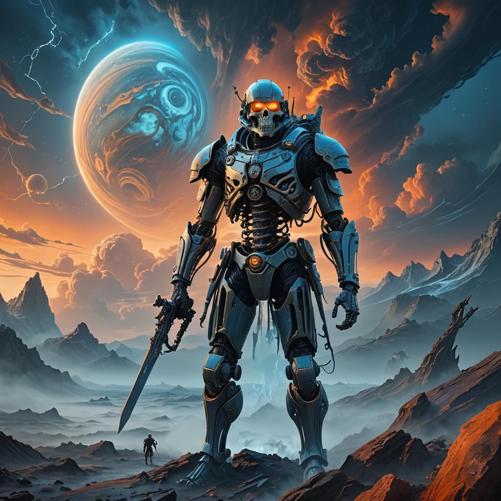 Skeletal Warrior Stands on Jupiter in Digital Art