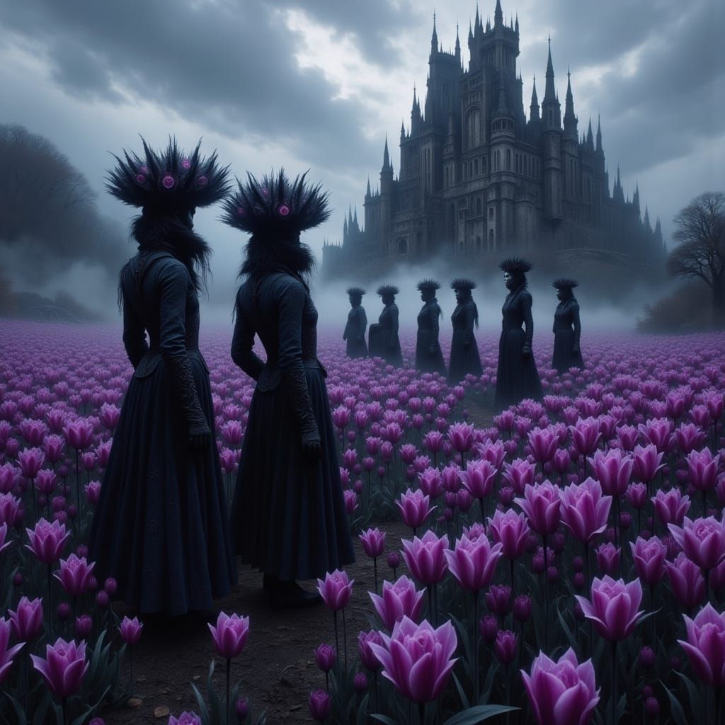 Goths in a Purple Tulip Field Amidst a Haunted Castle