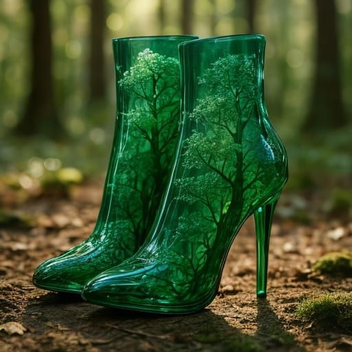 Emerald Boots on Forest Floor: Photorealistic Surrealism
