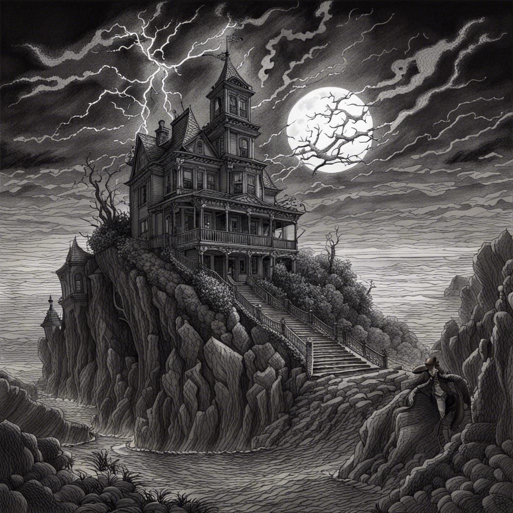 Haunted Mansion Cliffside in Pen and Ink