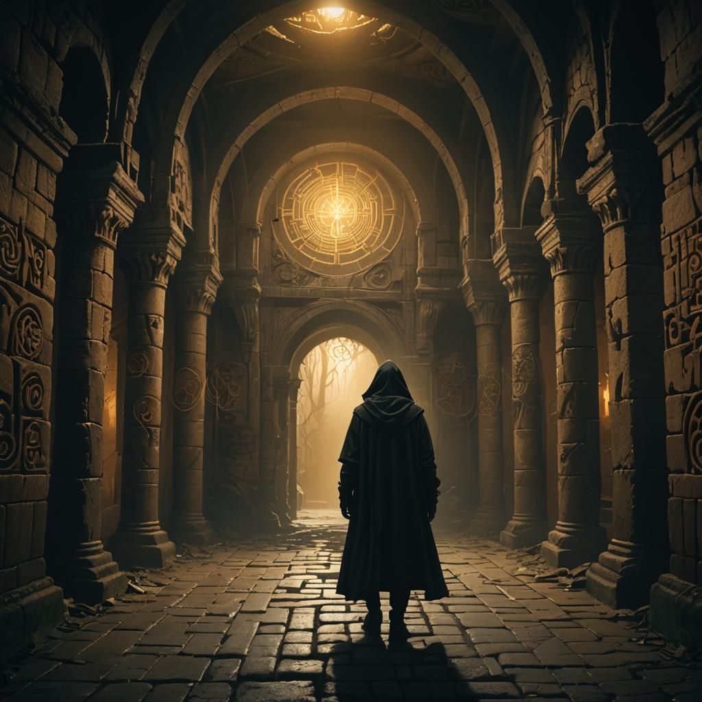 Mystical Hooded Figure in Abandoned Castle Concept Art