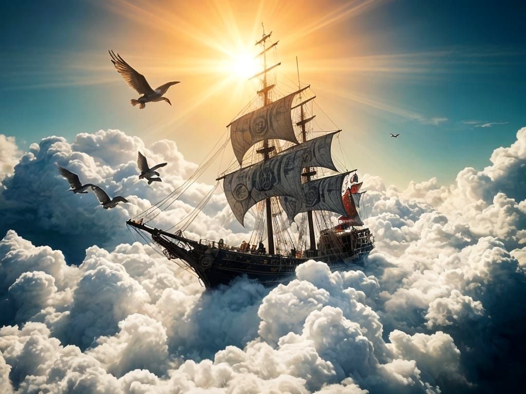 Ornate Pirate Ship Sailing on Clouds