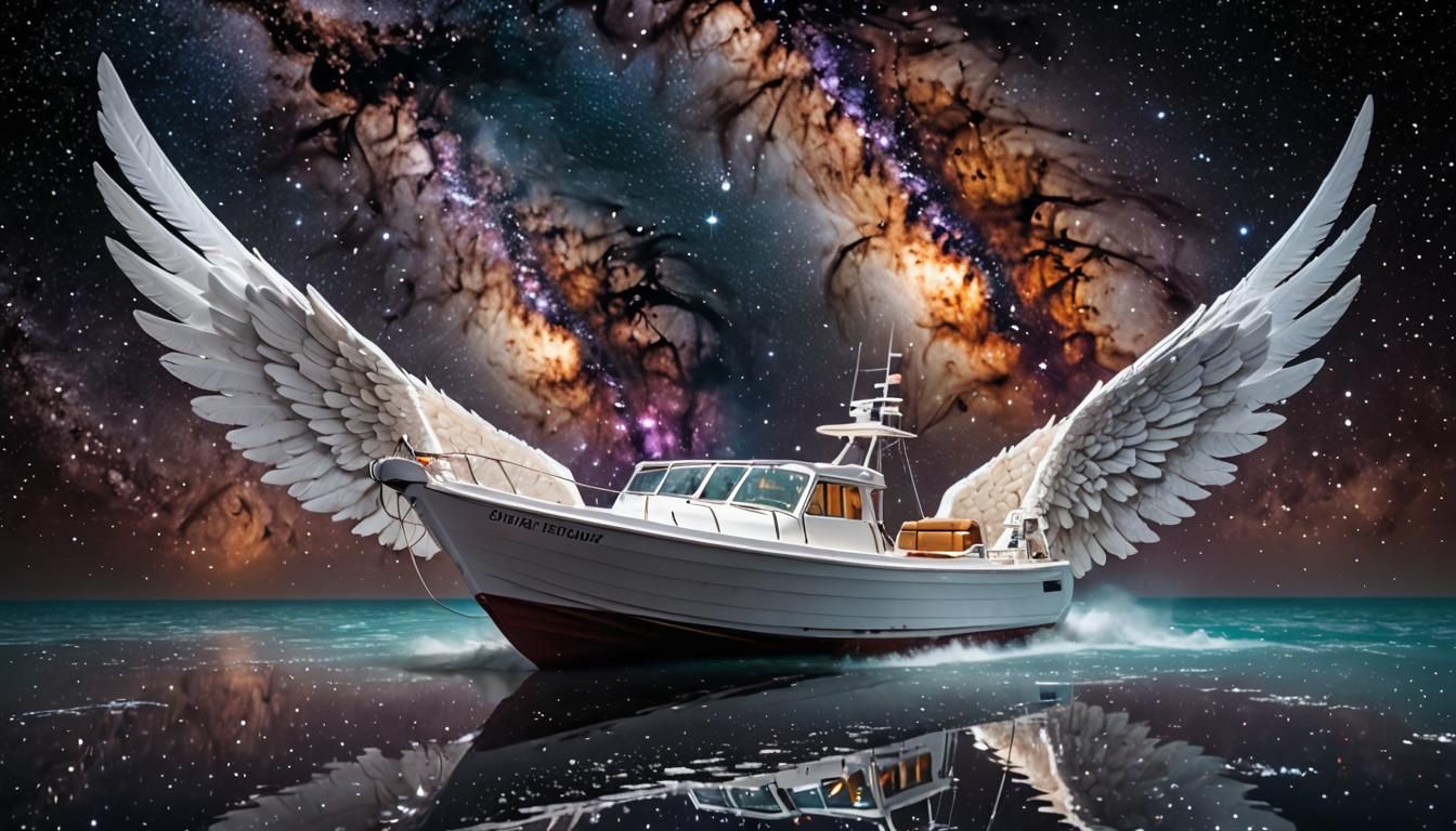 Winged Boat Soaring Through Fluorescent Galaxy