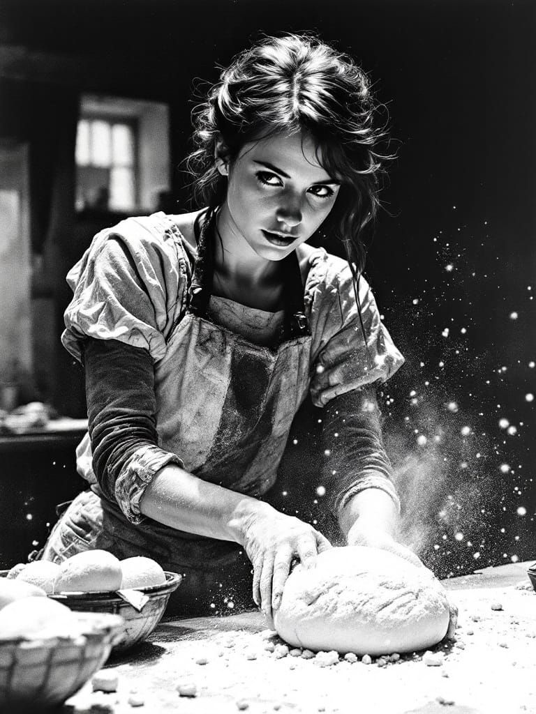 Redhead Baker Kneading Dough in a Bustling Kitchen