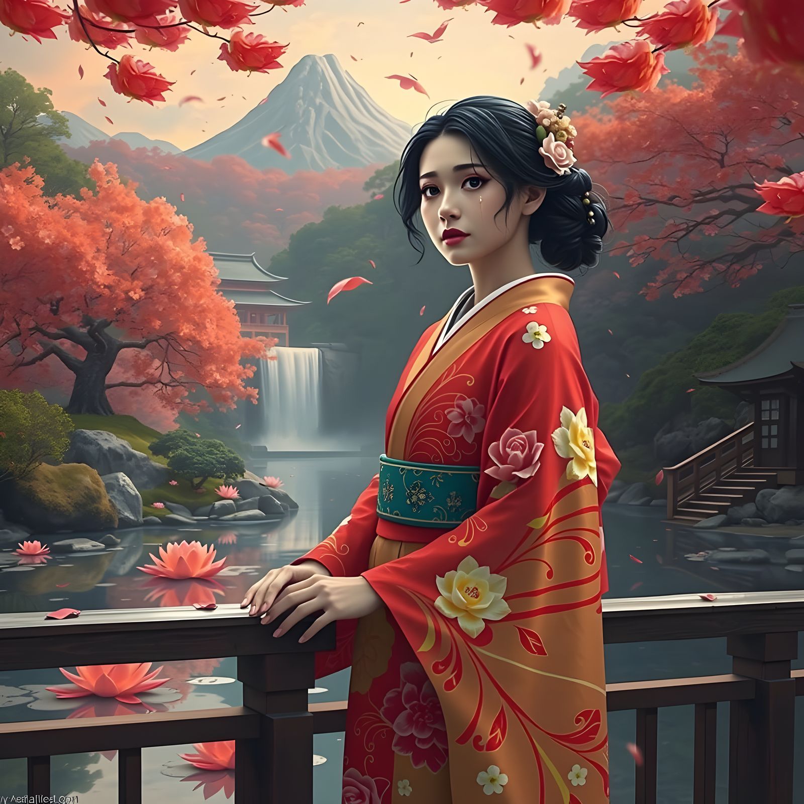 Japanese Bride Weeps on Temple Bridge