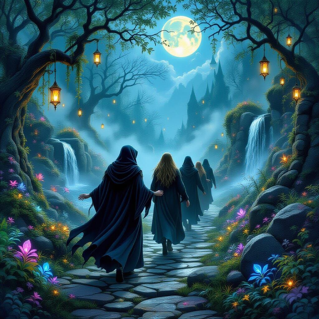 Enchanted Elven Garden in Fantasy Postcard Style