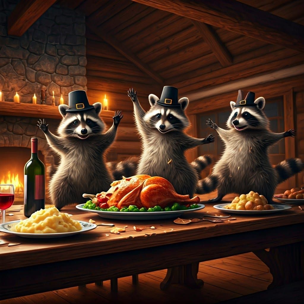 Whimsical Raccoon Pilgrims Dance Amidst Thanksgiving Feast