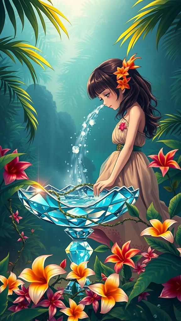 Anime Girl Sipping from Diamond Fountain, Studio Trigger Sty...