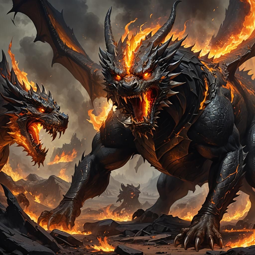 Dragon and Hellhound Clash in Burning Landscape