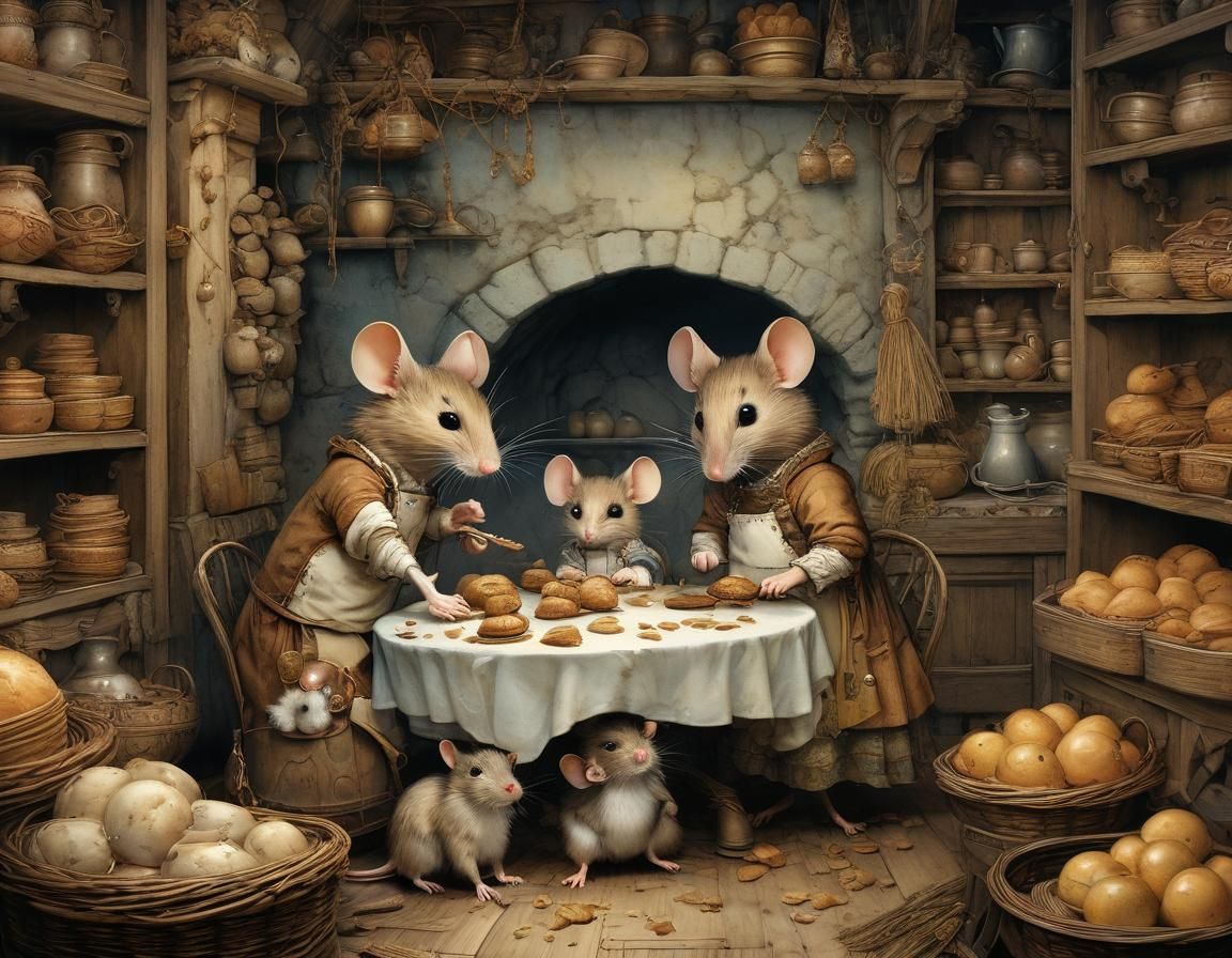 Mouse Family in Bakery, Expressive Fantasy Illustration